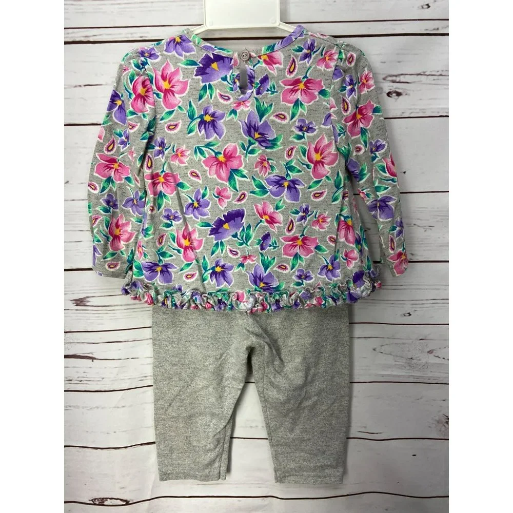 Okie Dokie Vintage Gray Floral Print‎ Girls Size 24 Months 2 Piece Outfit